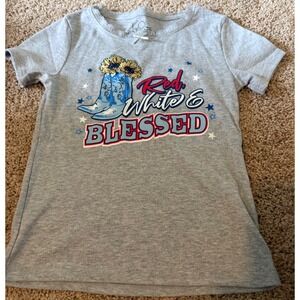 LOL Vintage Red White & Blessed Graphic Tee Gray Lace Trim Cowboy Boots Large